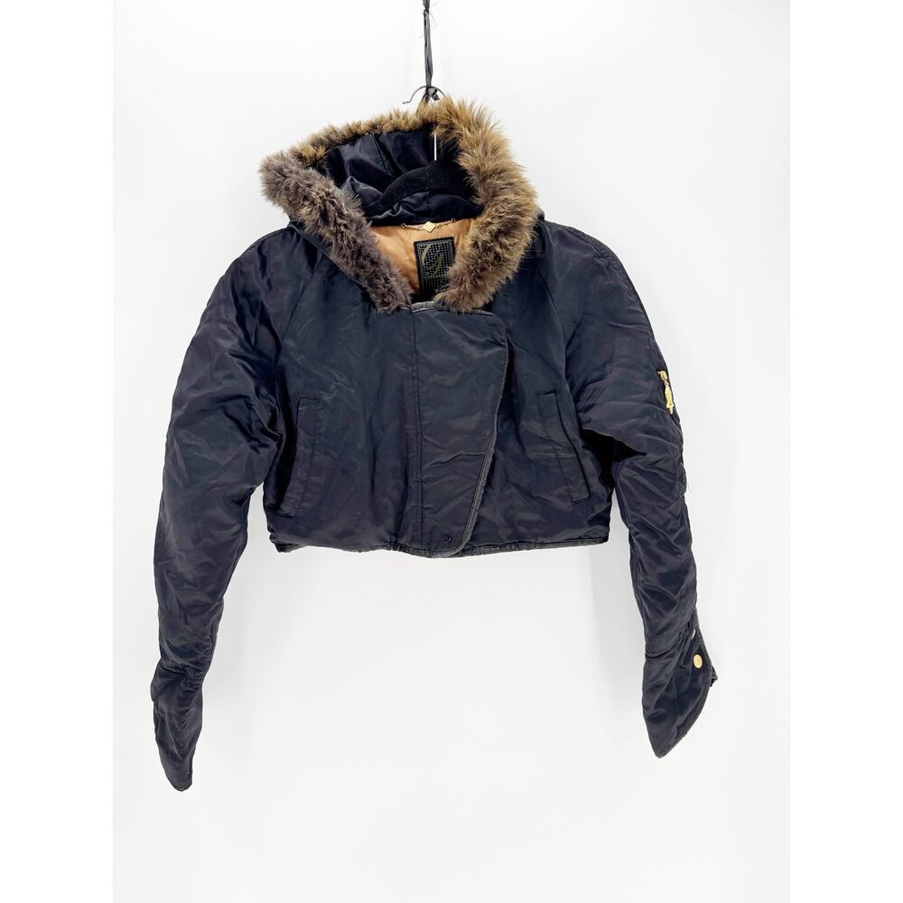 G Unit black cropped down jacket rabbit fur trim hood size M Y2K bling on back